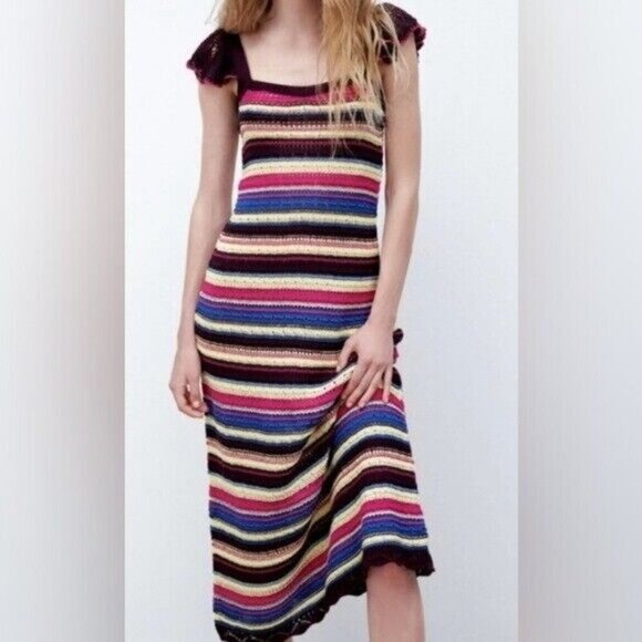NWT Women's Zara Special Edition Crochet Knit Striped Maxi Dress SIZE M - Picture 1 of 6